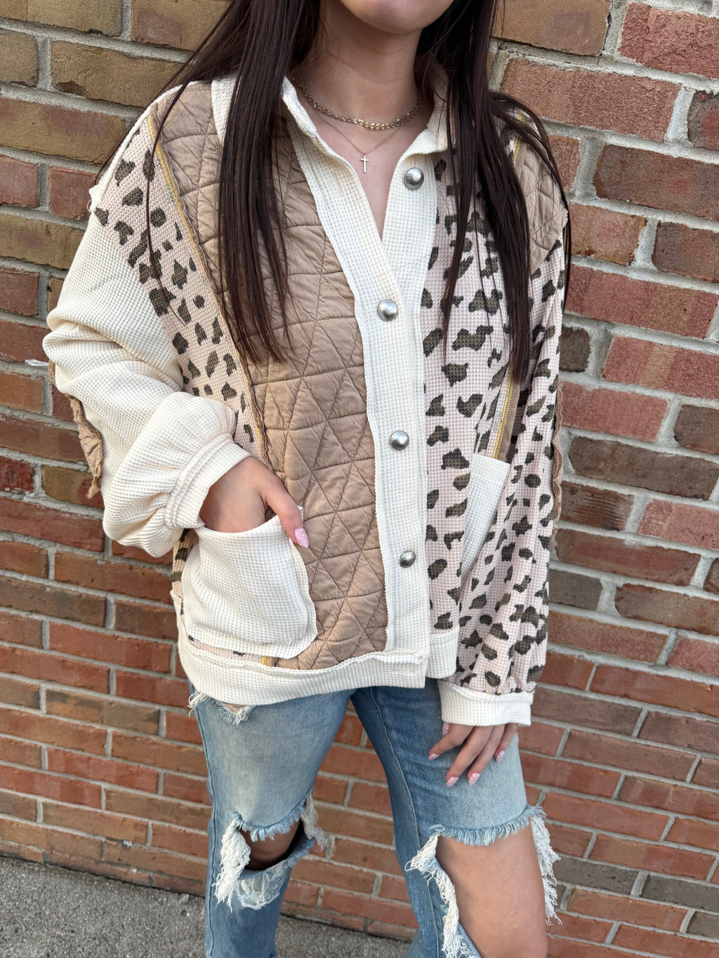 leopard waffle & quilted button up shacket