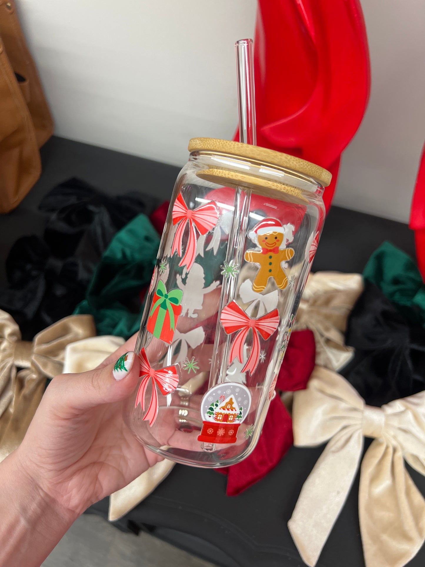 glass christmas cups with glass straw