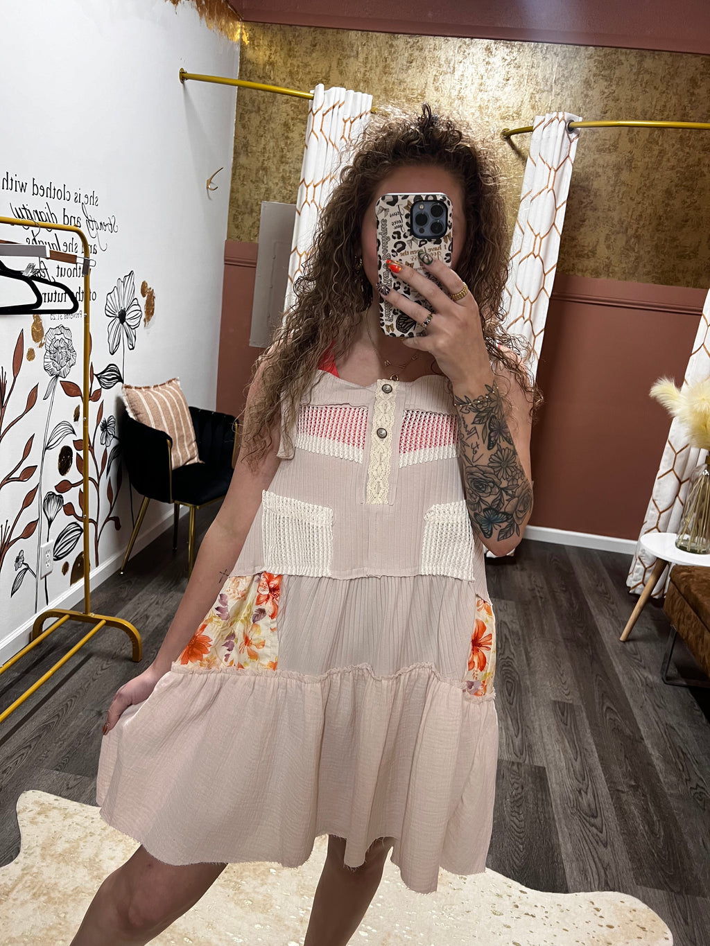 POL floral gauze overall dress