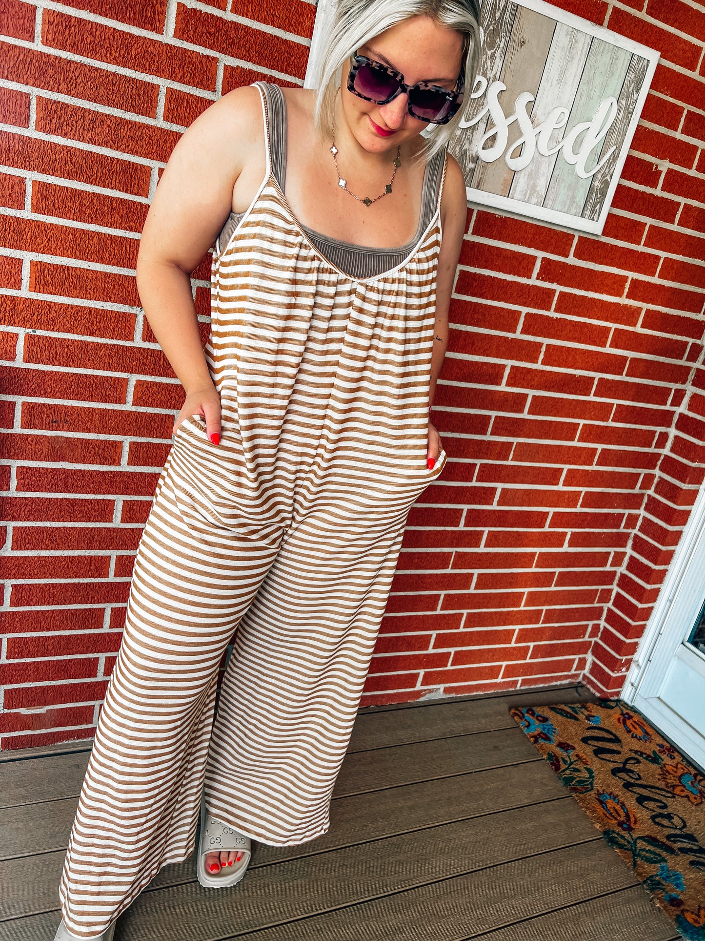 striped camel oversized jumpsuit