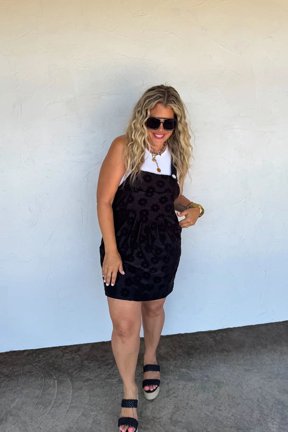 BLACK SUNSHINE & DAISIES OVERALL DRESS