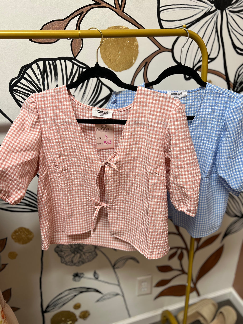 gingham bow tie puff sleeve top in 2 colors