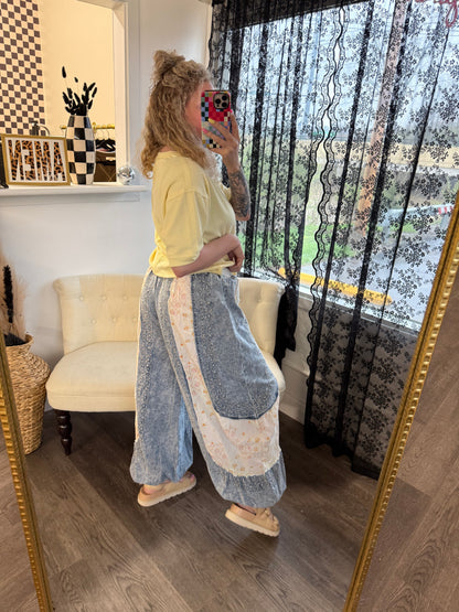 POL denim boho floral jogger pants