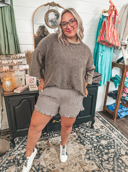 Brown ruffle gingham shorts S-2x
