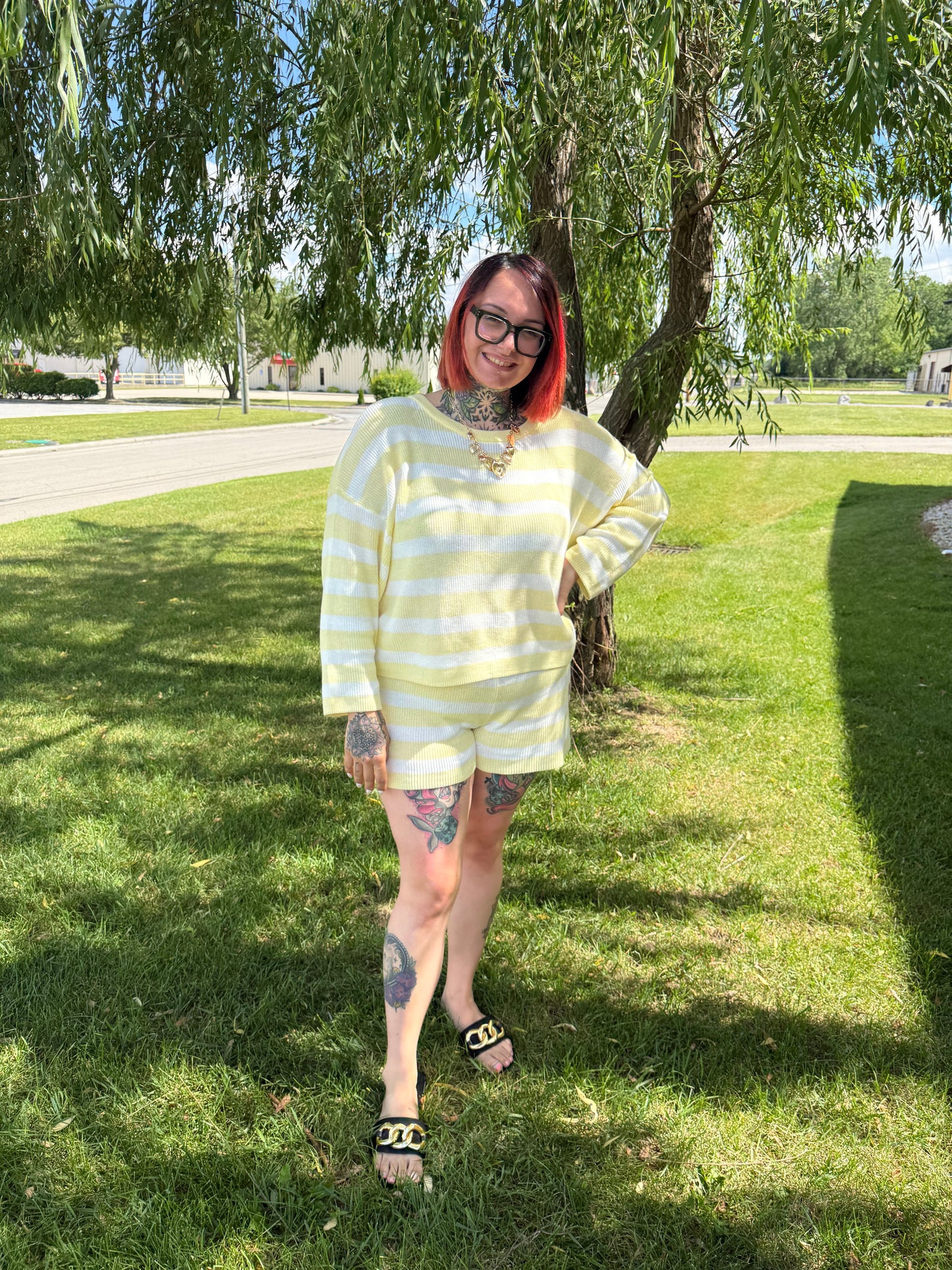 yellow and white knit shorts set