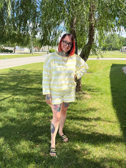 yellow and white knit shorts set