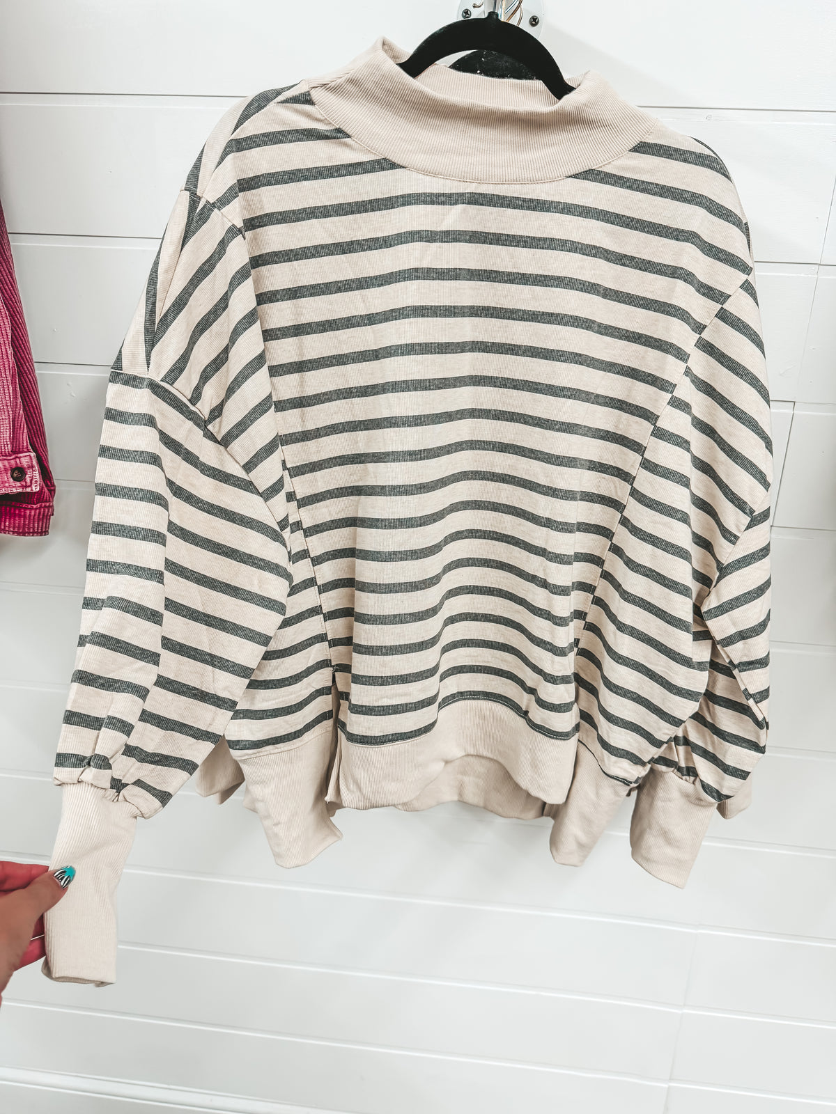 Taupe & grey striped mockneck