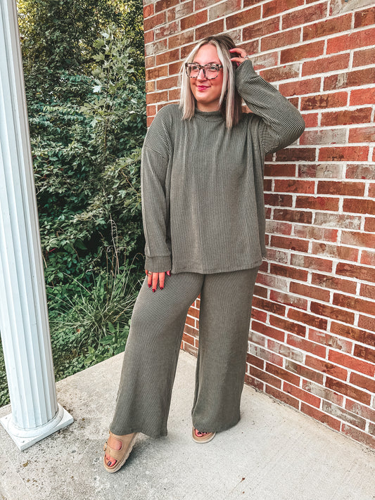 BEST SELLING Olive ribbed long sleeve pants set