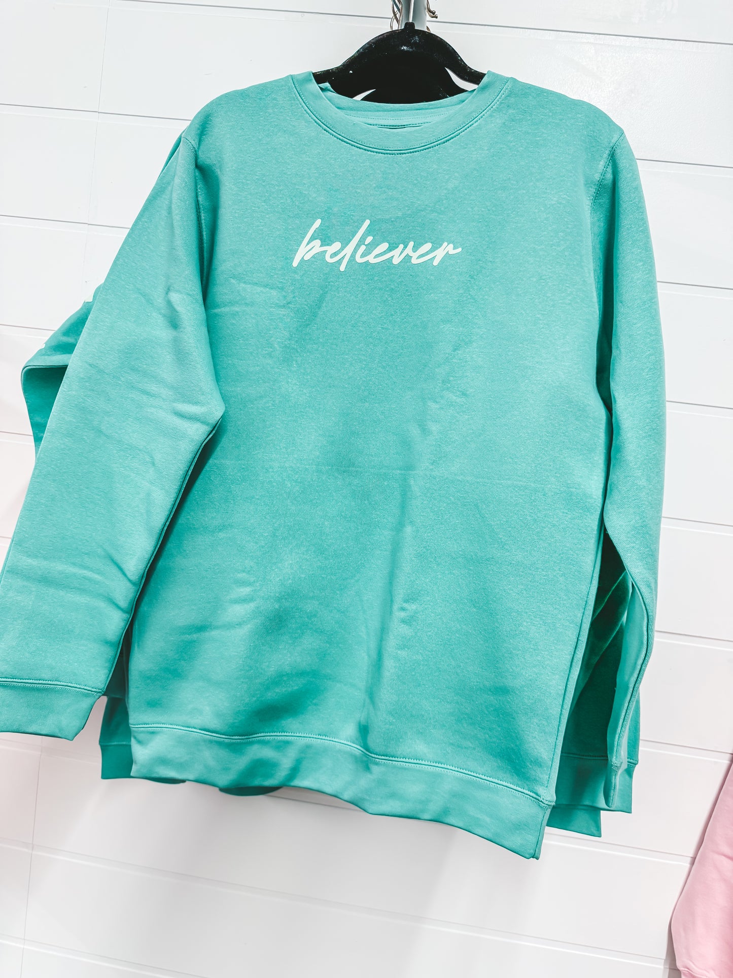 believer-faith teal pullover