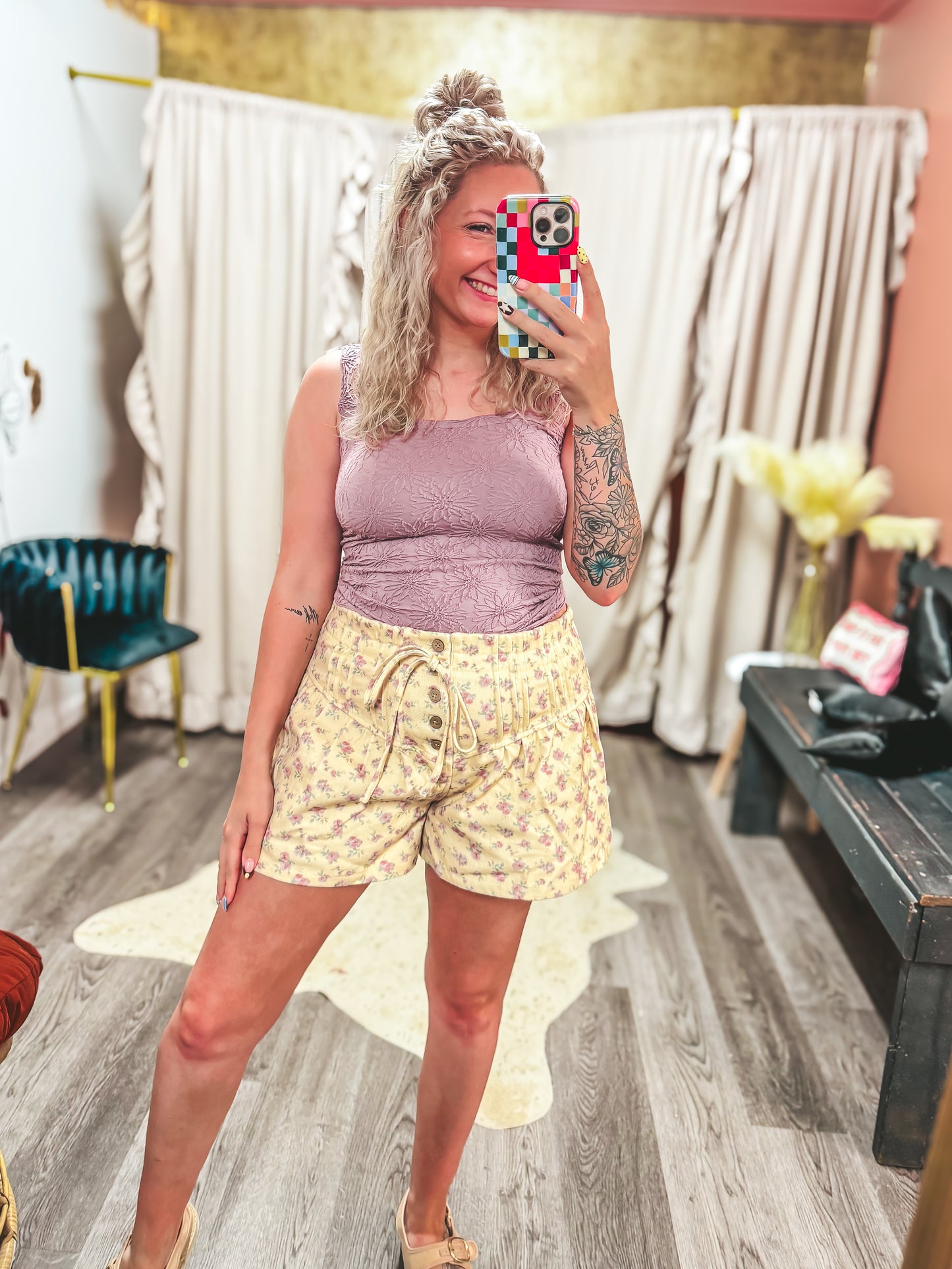 yellow floral denim button fly shorts