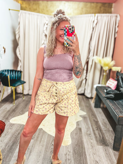 yellow floral denim button fly shorts