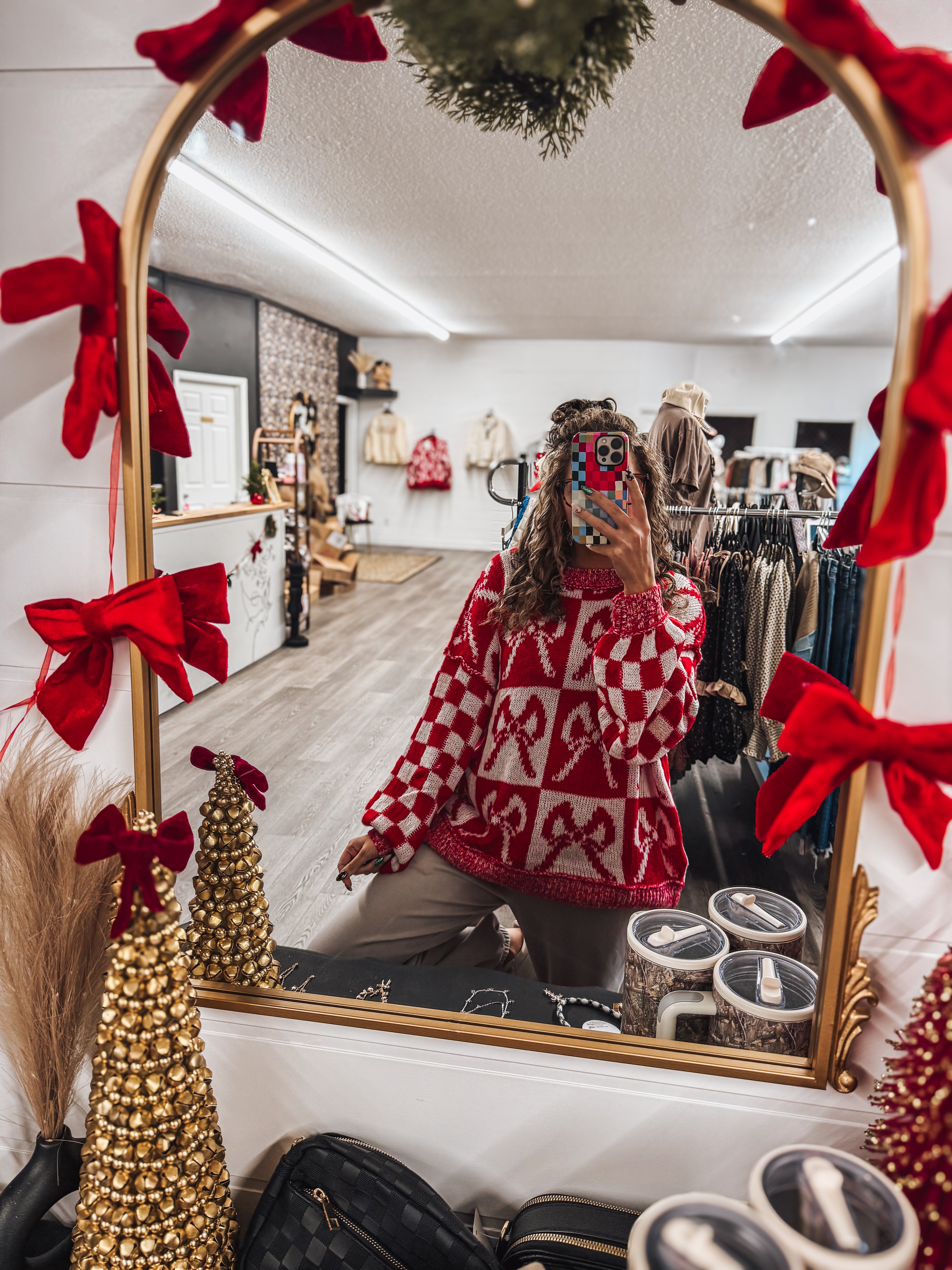 checkered bow oversized red sweater