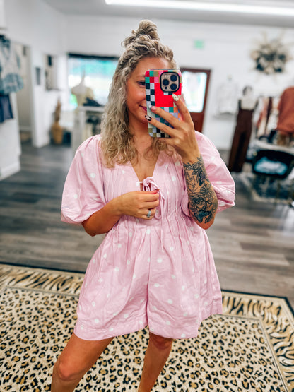 bublegum pink polka dot denim romper