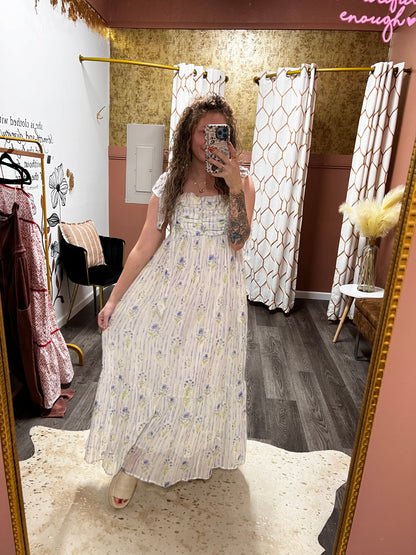green and purple floral dress