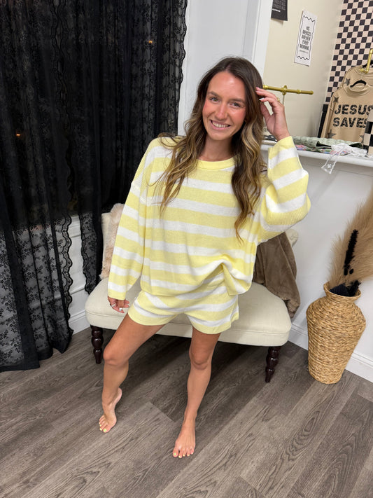 yellow and white knit shorts set