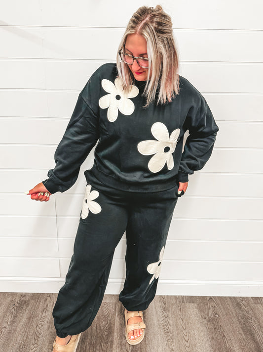Black floral embroidery jogger set