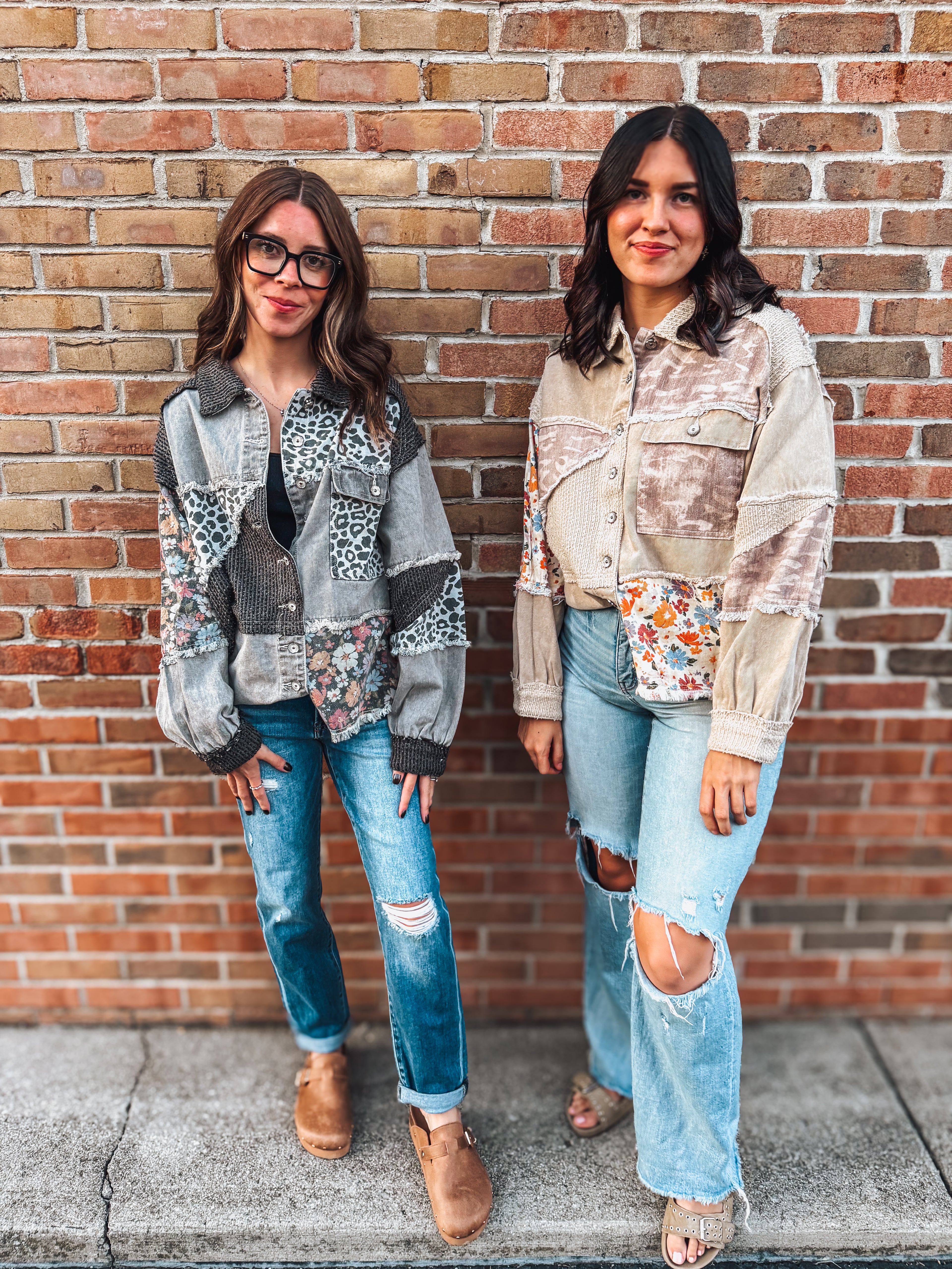 denim patch animal print shacket