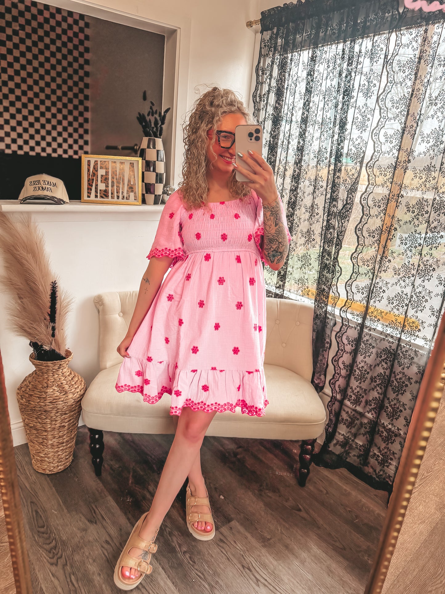 pink embroidered floral dress with tie back detailing
