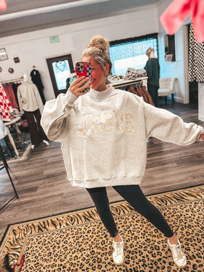 embroidered Camo jesus ash grey mock neck