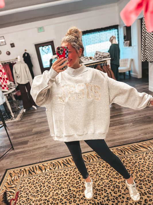 embroidered Camo jesus ash grey mock neck