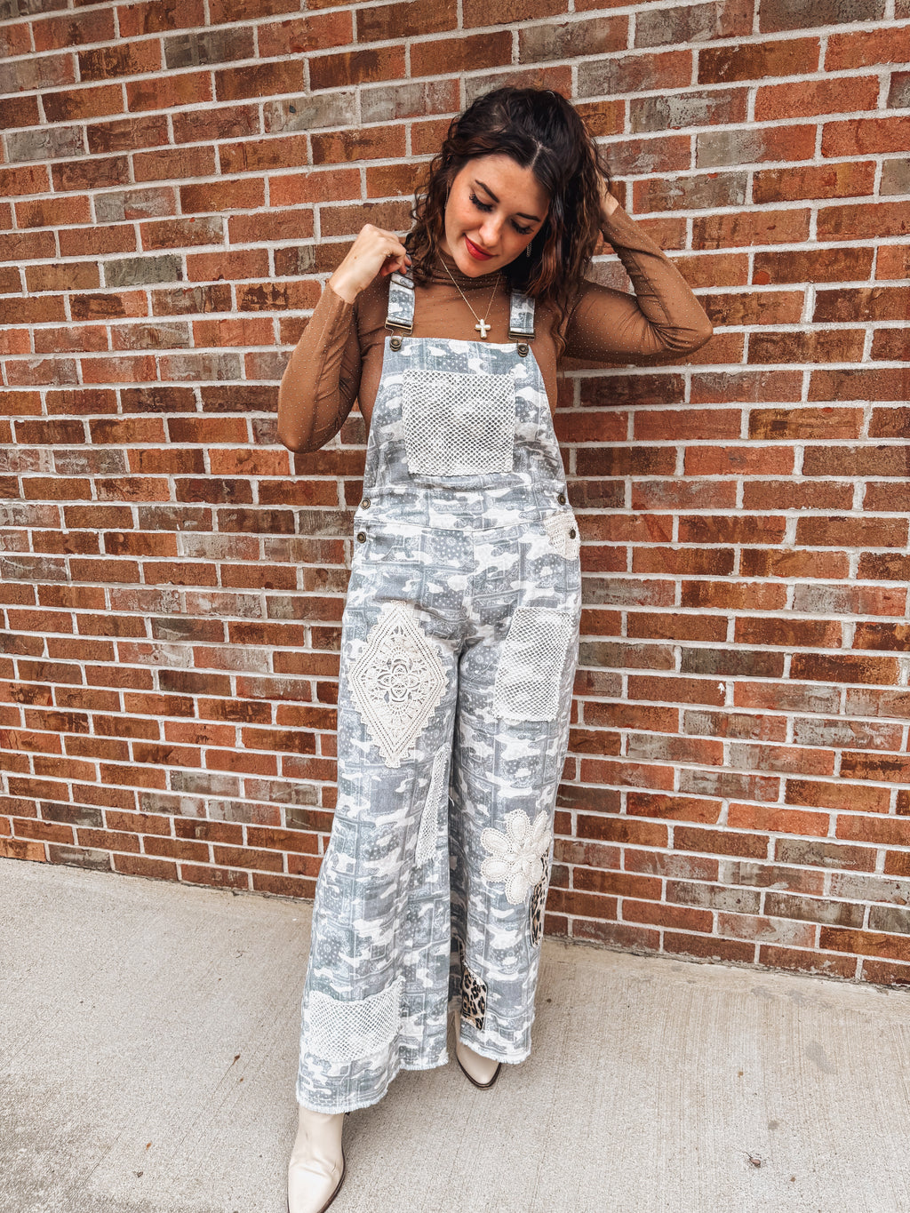 camo patch leopard denim overalls