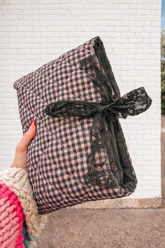 brown and black gingham bible sleeves with bow lace ties