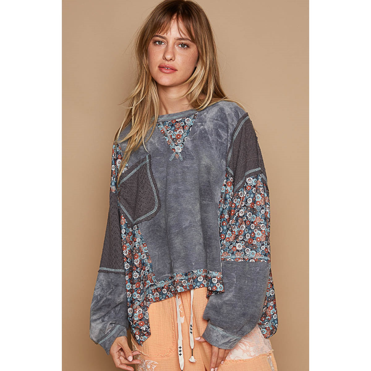 smoke grey floral contrast detailed top