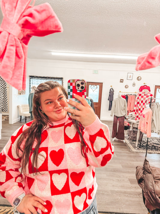 heart checkered oversized sweater