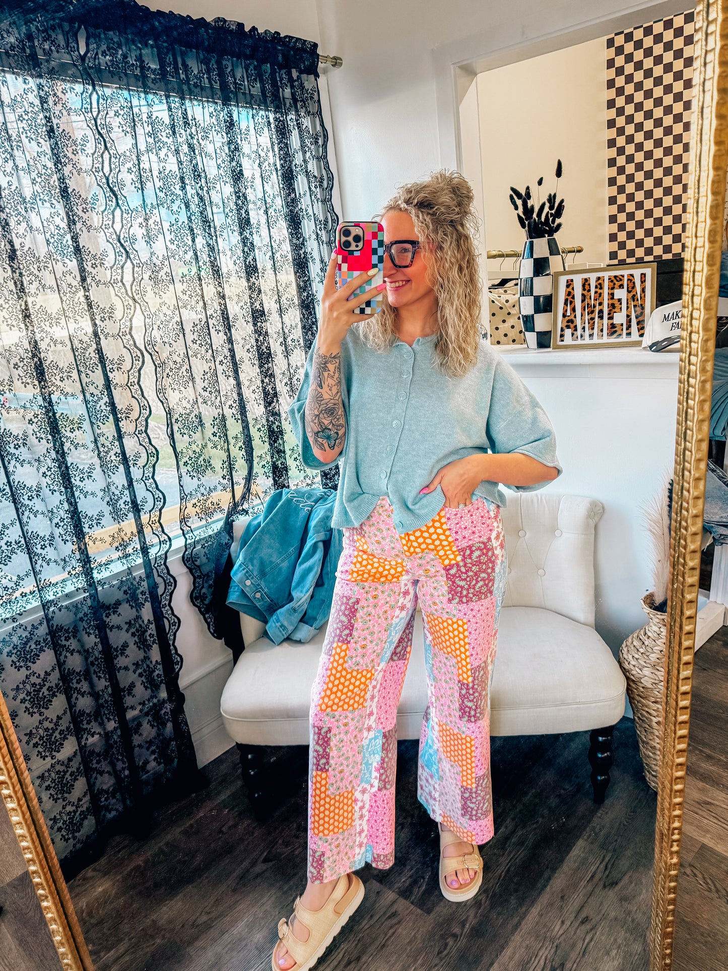 spring floral patch work pants