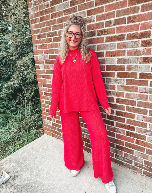 BEST SELLING red ribbed long sleeve pants set