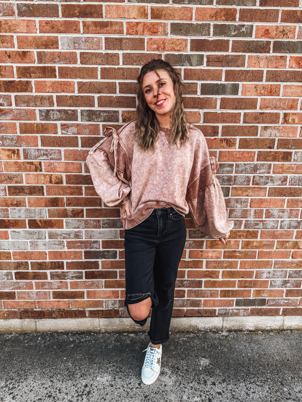 mocha moose bow sleeve pullover top