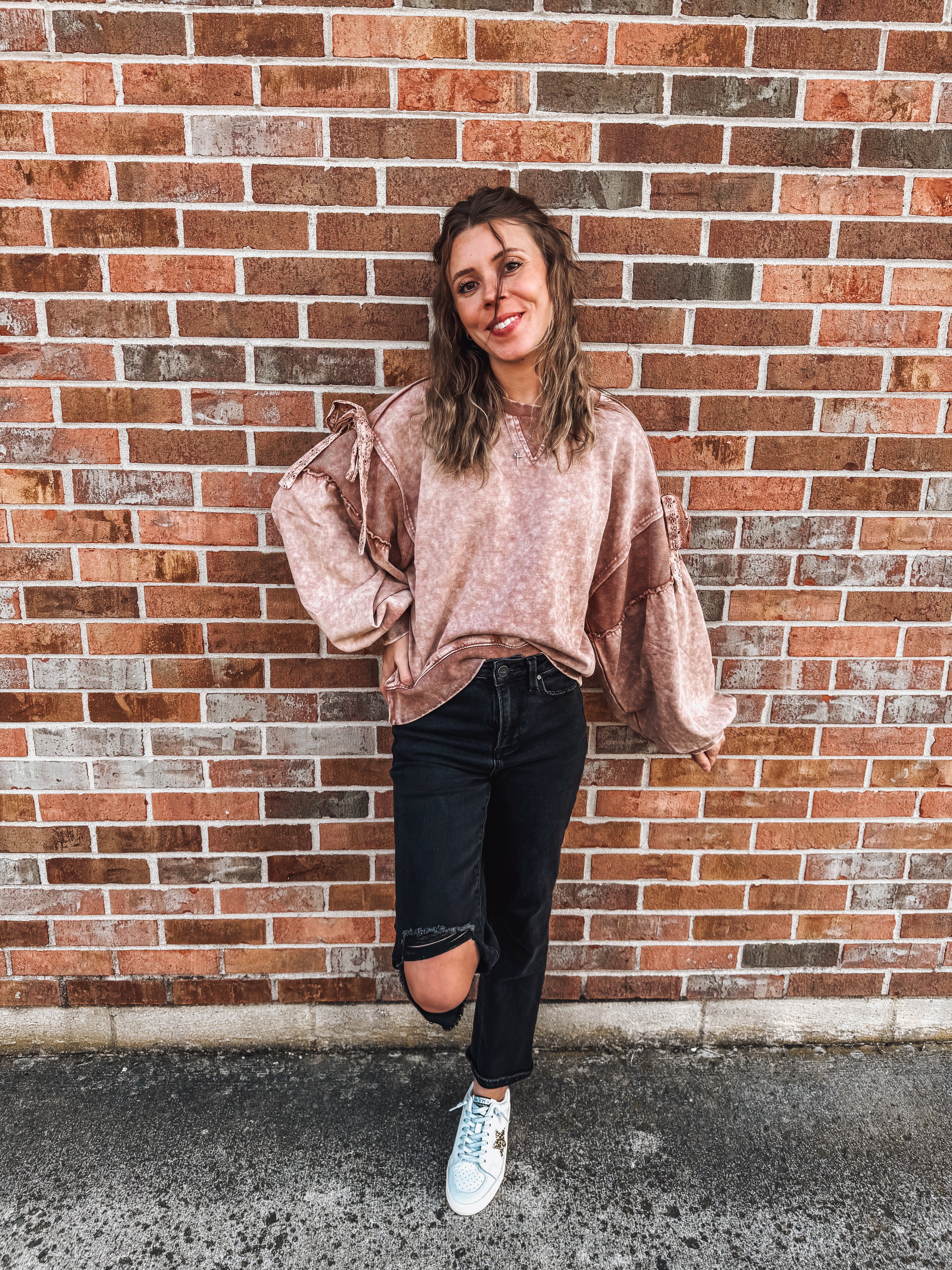 mocha moose bow sleeve pullover top