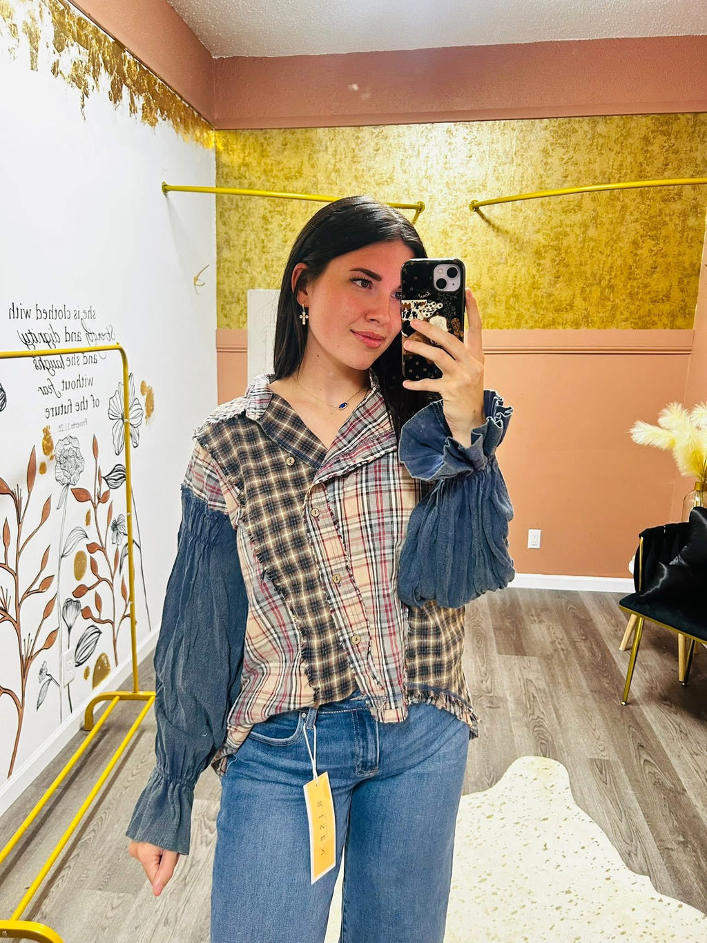 washed asymmetrical plaid ruffle cuff flannel