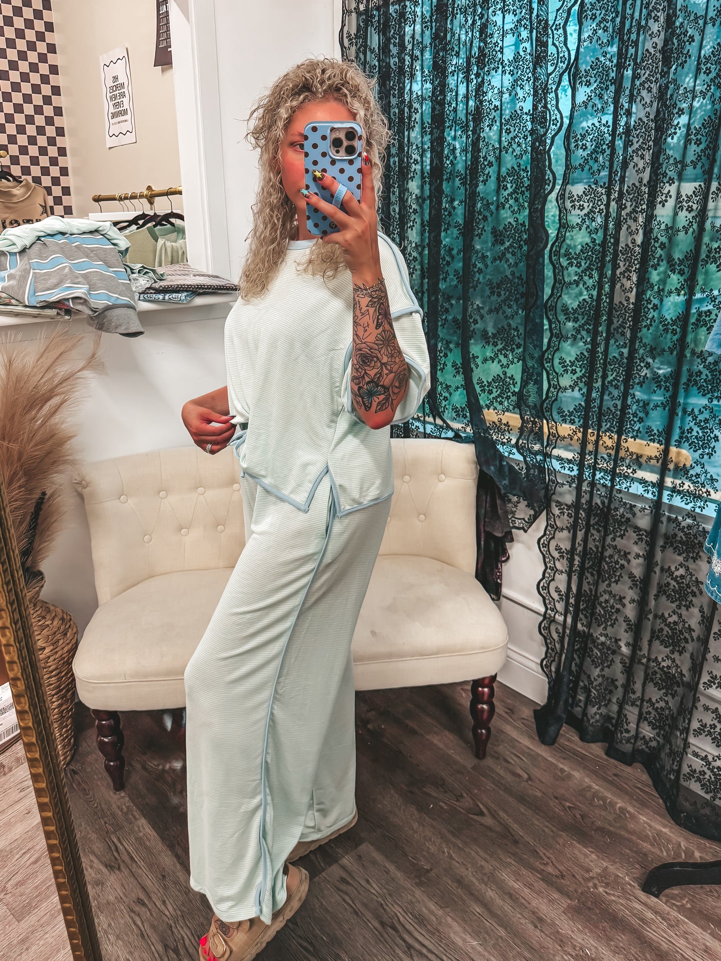Ultra soft Mint and blue striped pants set