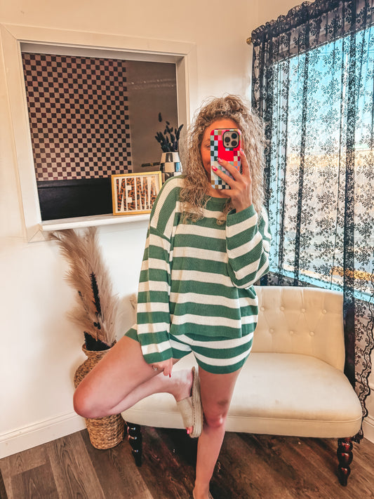 green and white knit shorts set