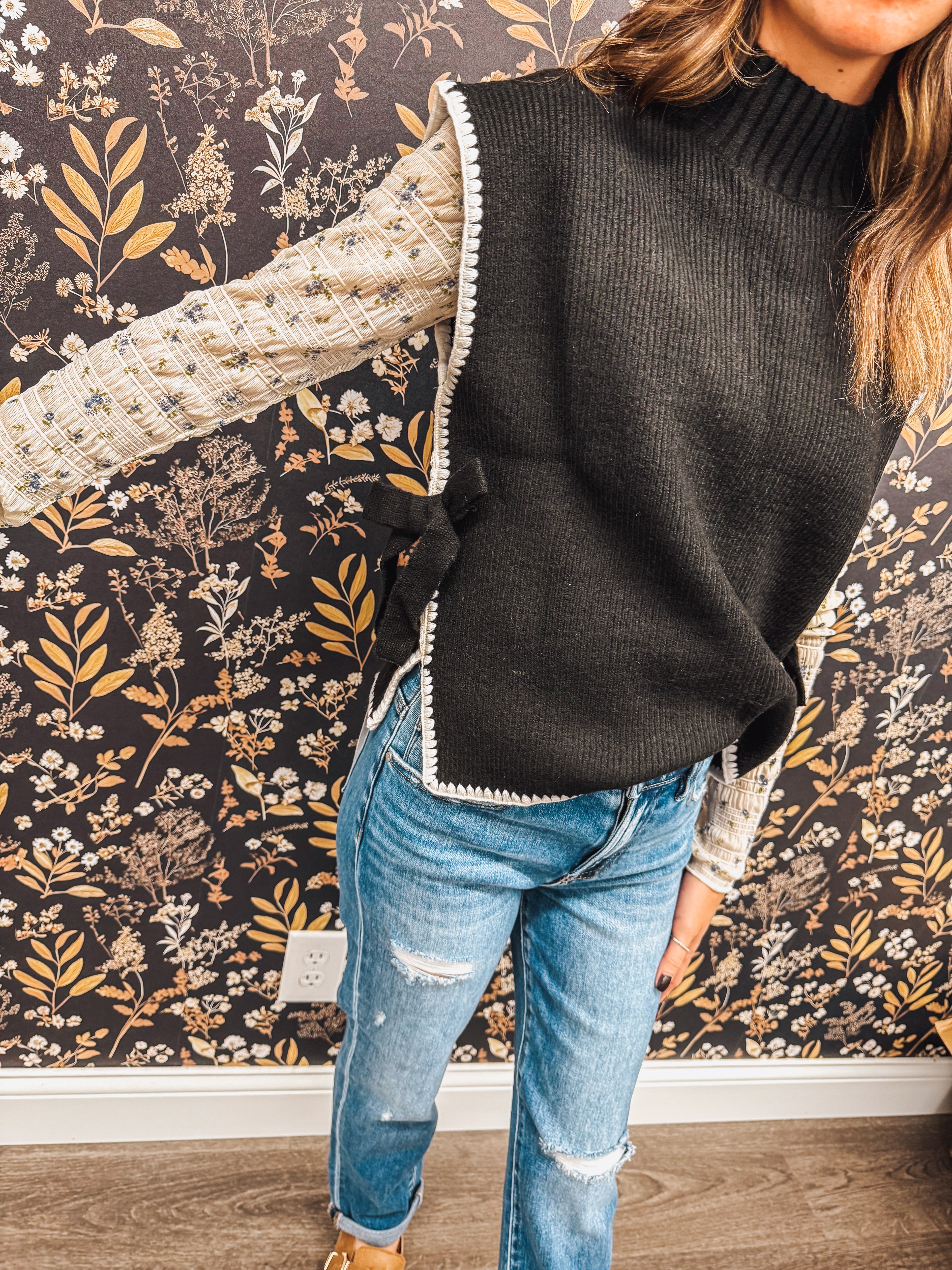 mock neck stitched side tie sweater vest