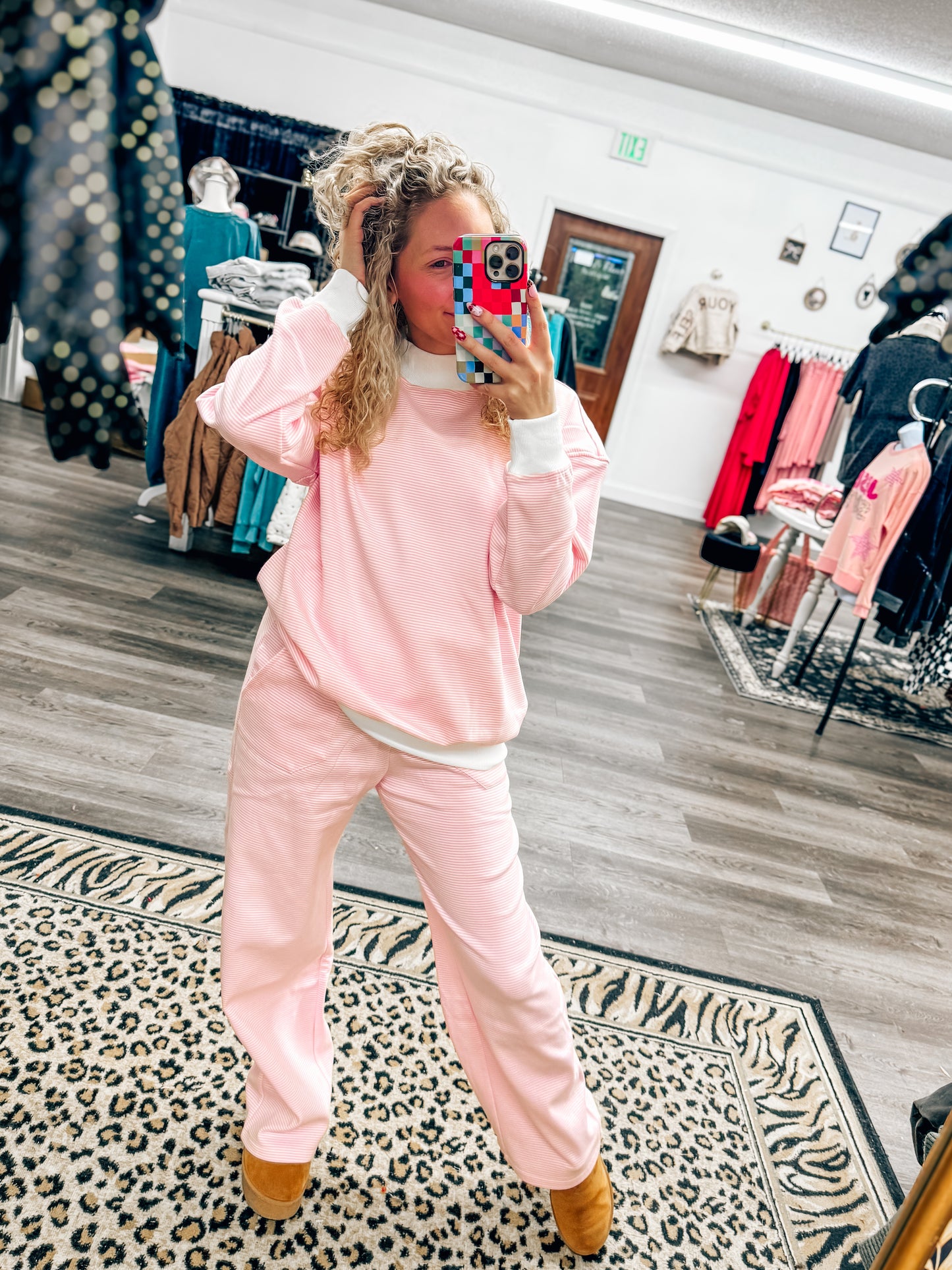 pink striped mock neck set