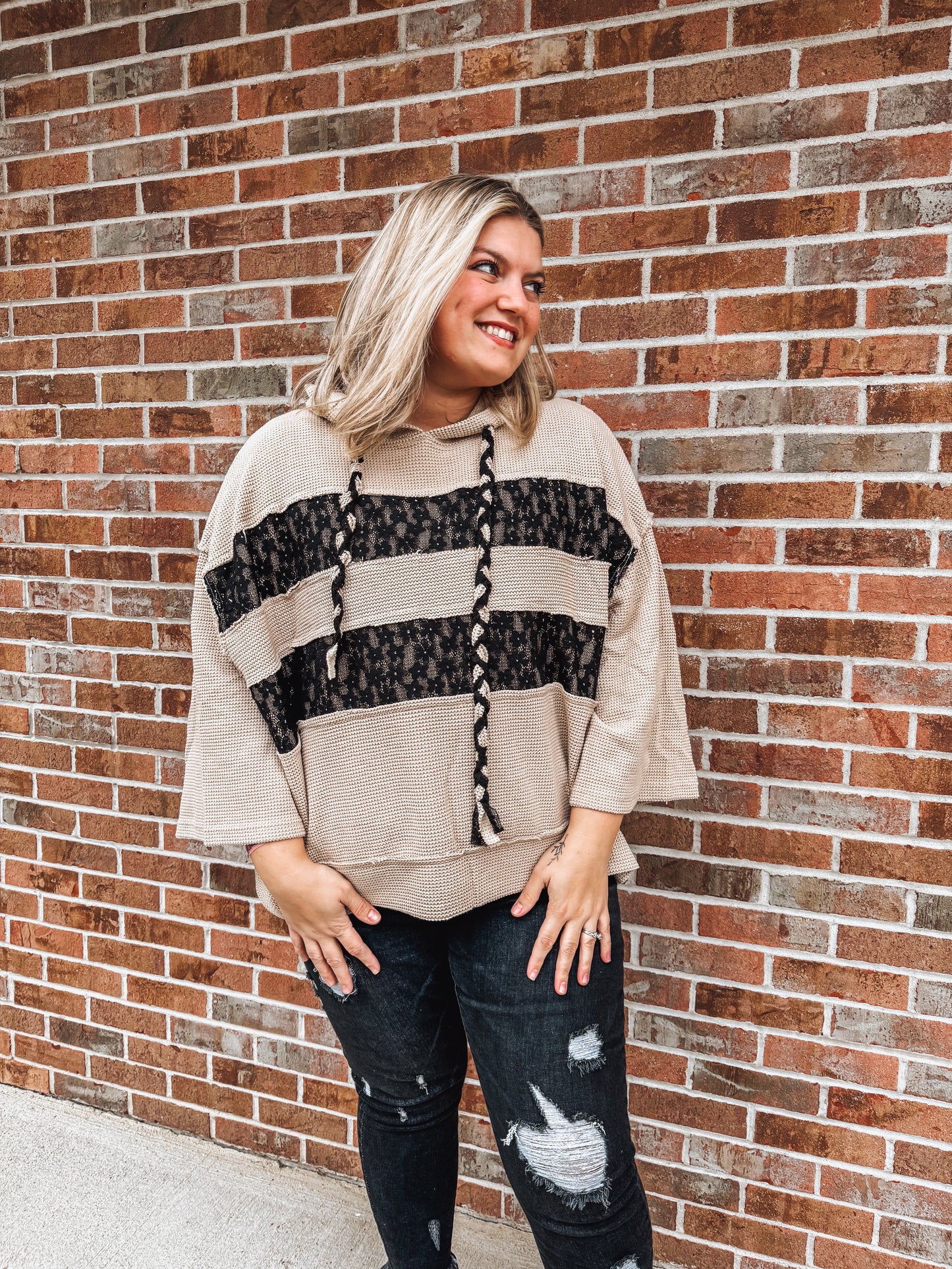 waffle lace hooded top