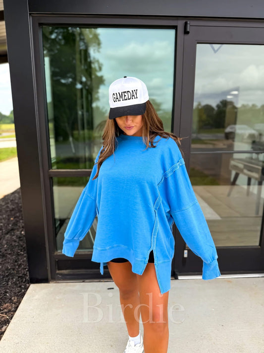 marine blue double front slit pullover