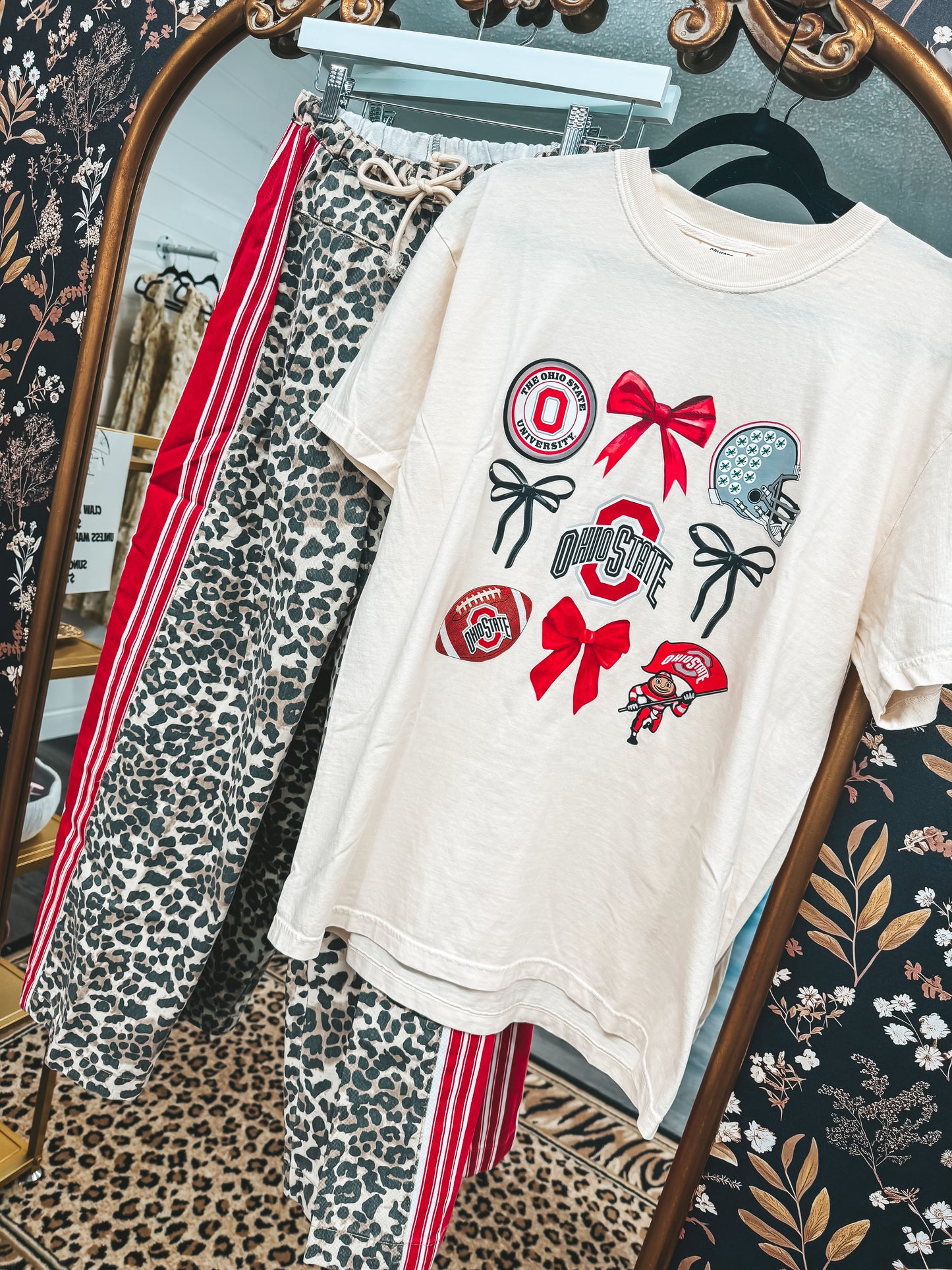 Leopard denim pants with red stripe PREORDER ships September