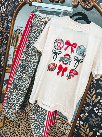 Leopard denim pants with red stripe PREORDER ships September
