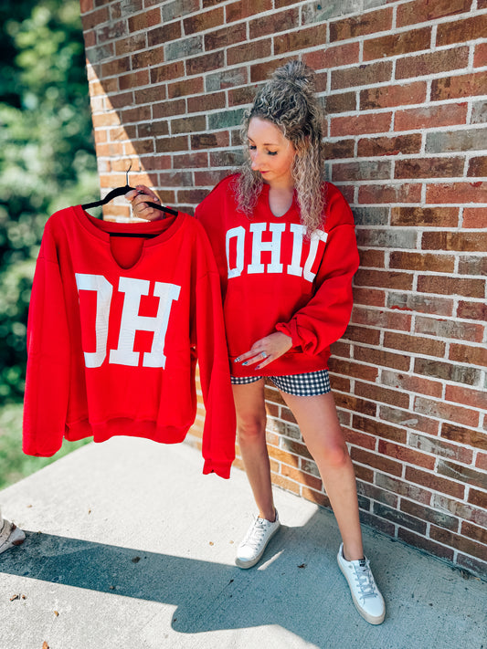Notch neck reversible OHIO/OH pullover in red & white