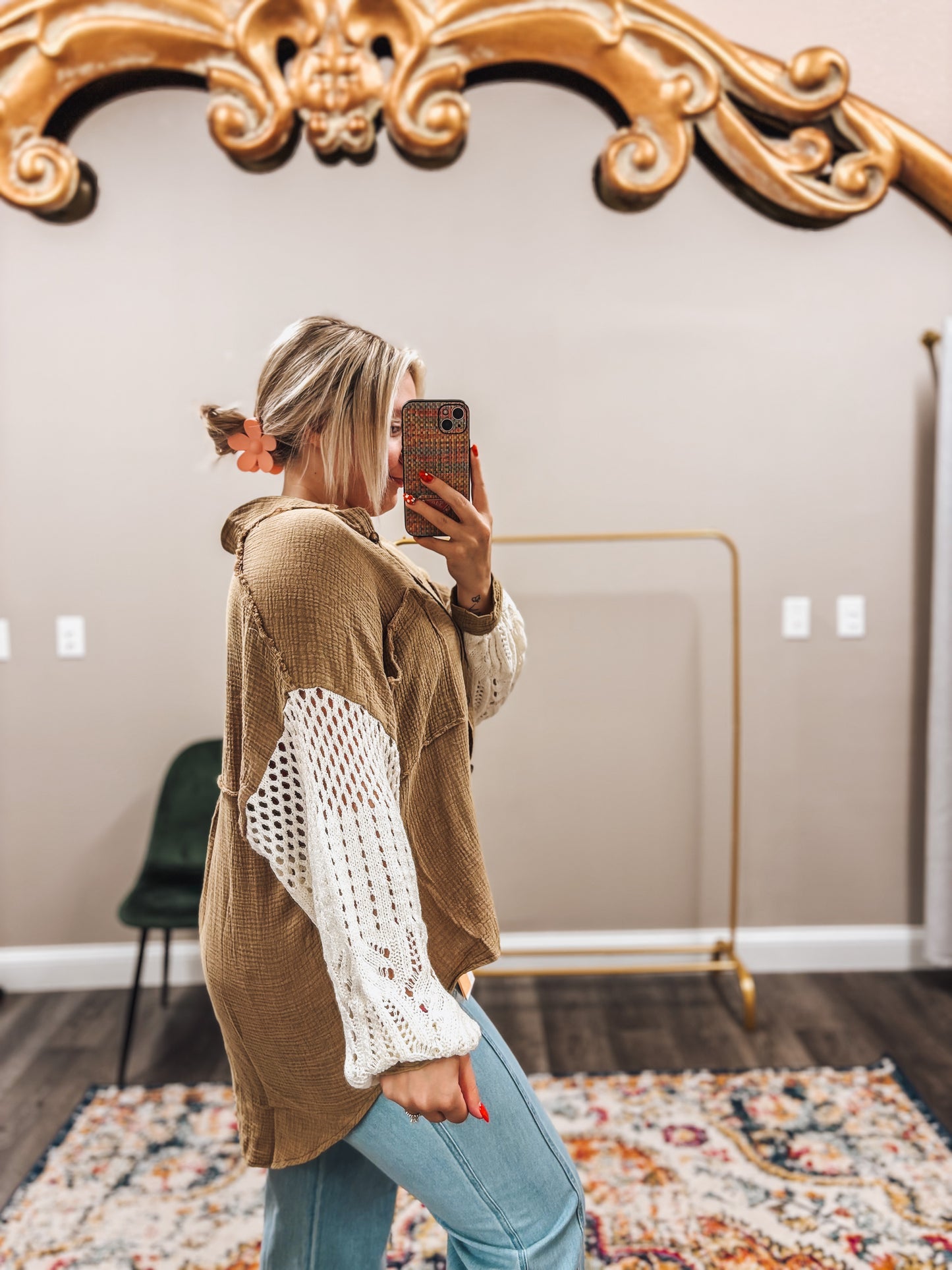 oversized button down sweater sleeve gauze top in coffee