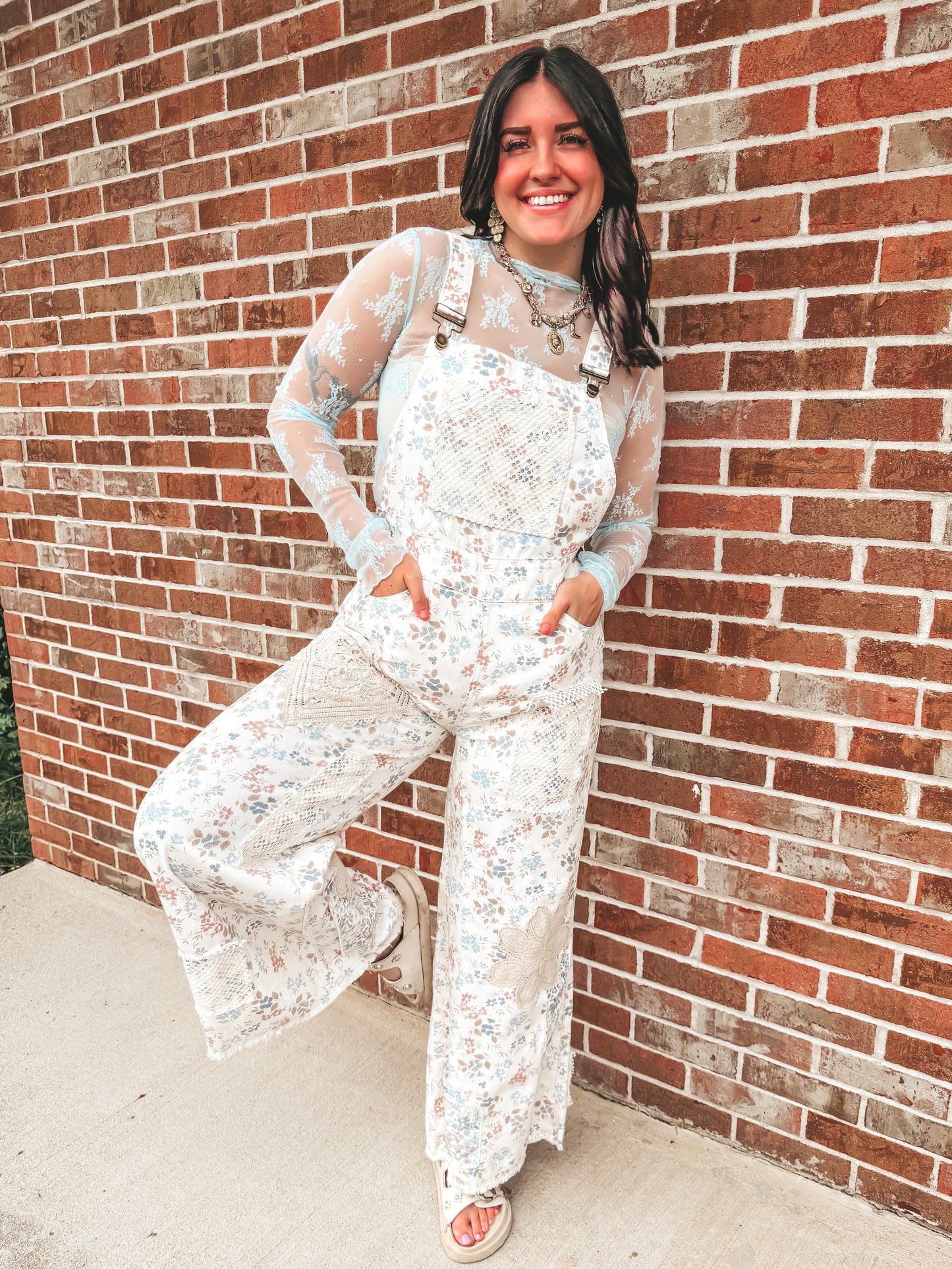 POL cream floral crochet patch detail overalls