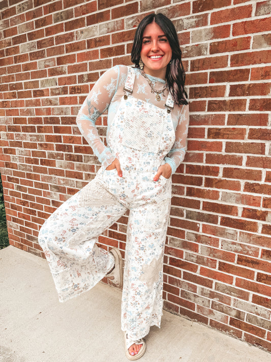 POL cream floral crochet patch detail overalls
