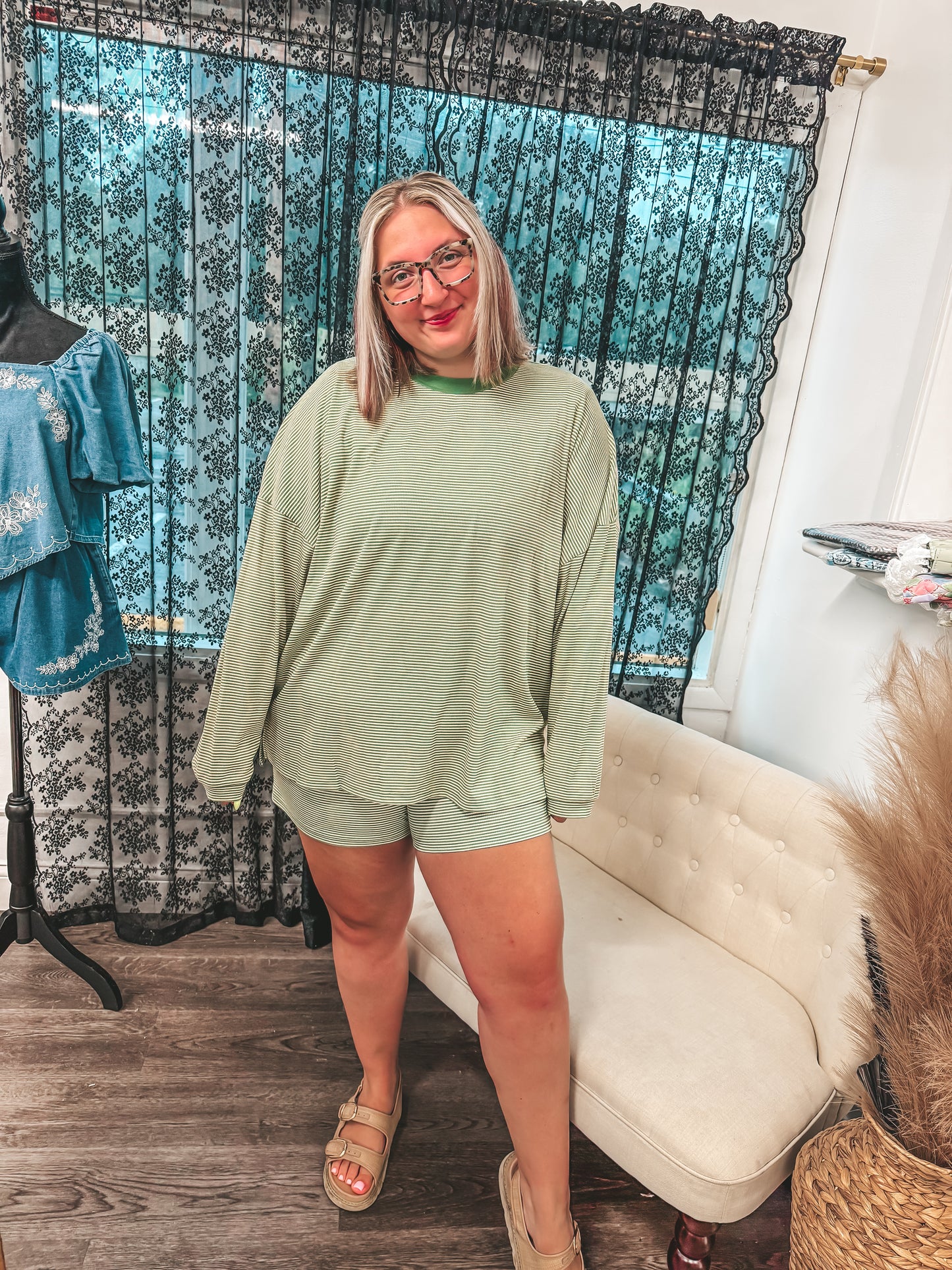 KK striped shorts and long sleeve top set in GREEN