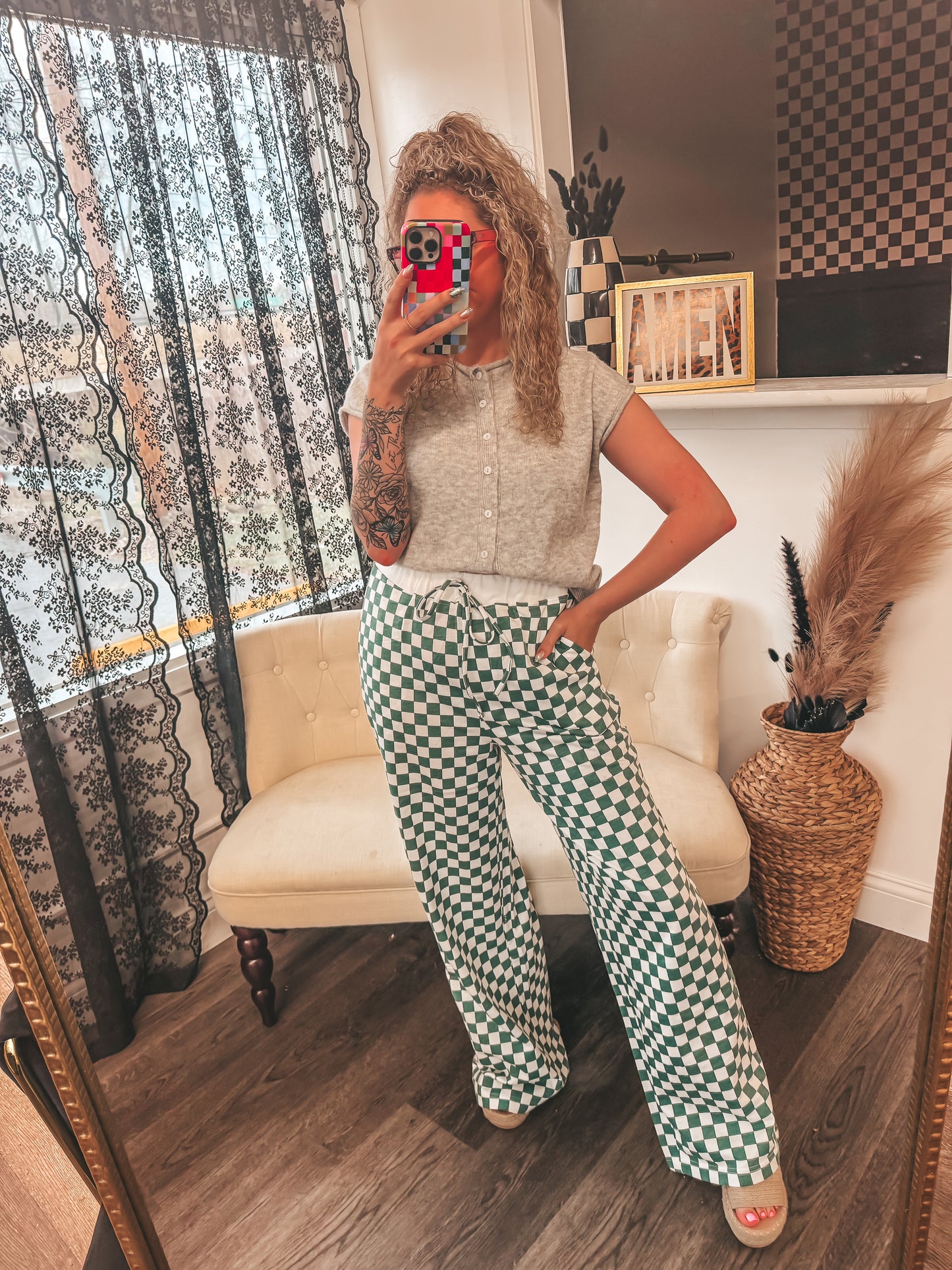 green and white checkered pants