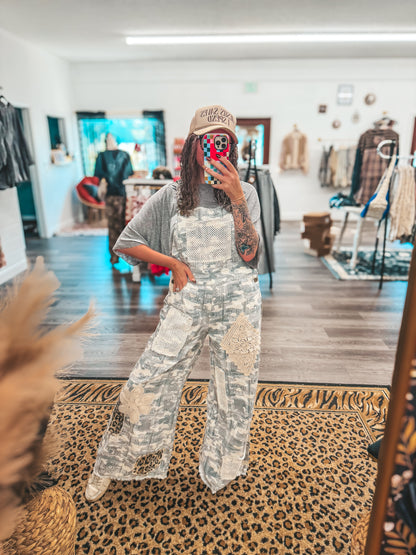 camo patch leopard denim overalls