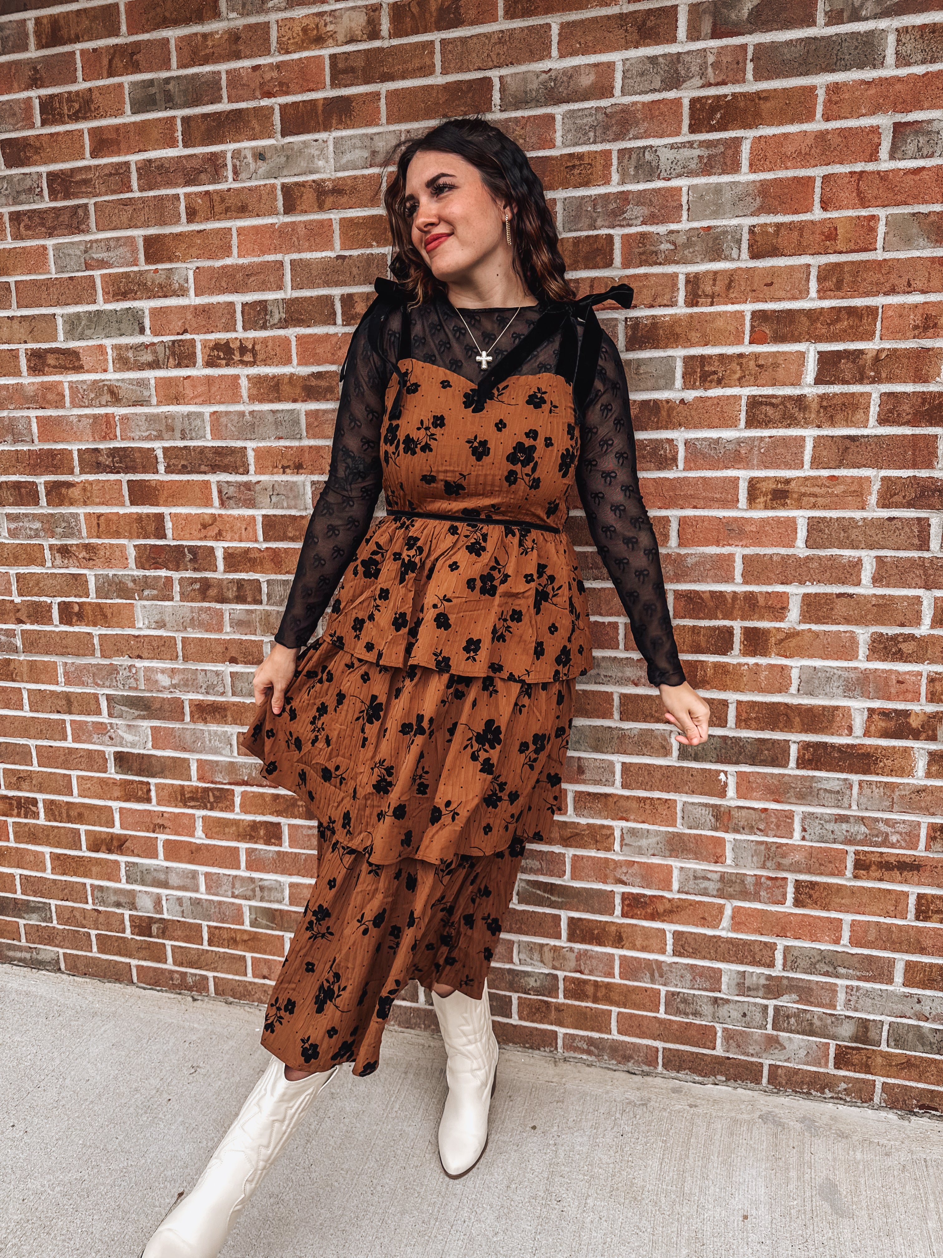 Fall favorite carmel & black tiered dress with velvet details