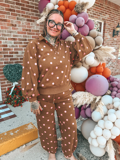 Brown & pink polka dot snap pullover
